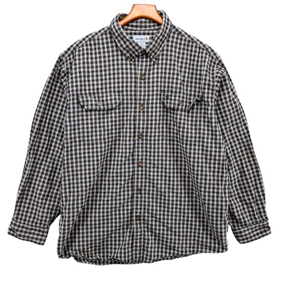 Carhartt Plaid Flannel Shirt Mens Navy Blue Tan Long Sleeve Cotton Button Sz XXL - Picture 1 of 10